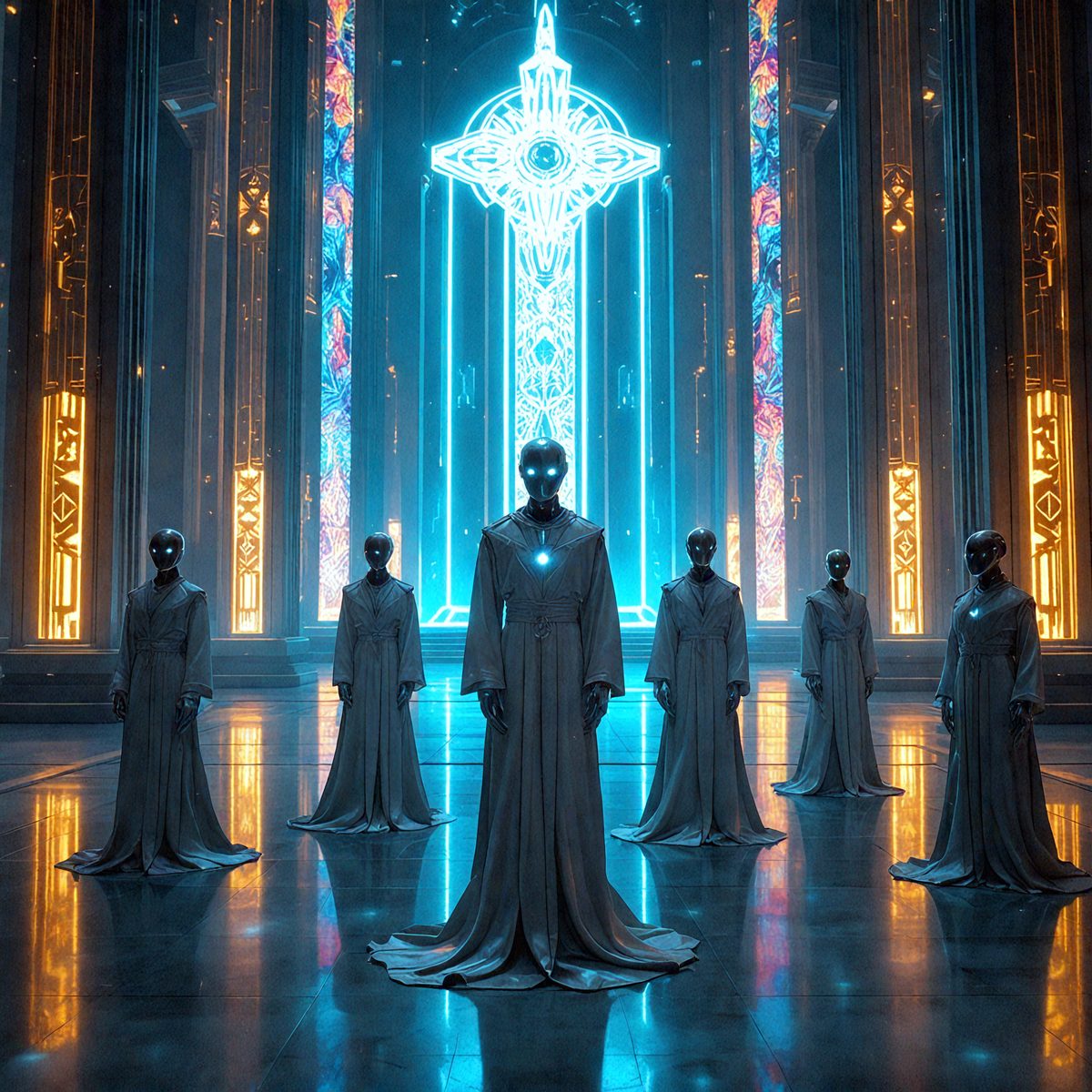 The primary subject of the image is a man wearing a robe, standing in a large, ornate room with a cross on the wall. The setting appears to be a church or a similar religious building. The visual style of the image is a combination of photo and digital art, creating a unique and intriguing atmosphere. The dominant colors in the image are blue and purple, which contribute to the overall mood of the scene.